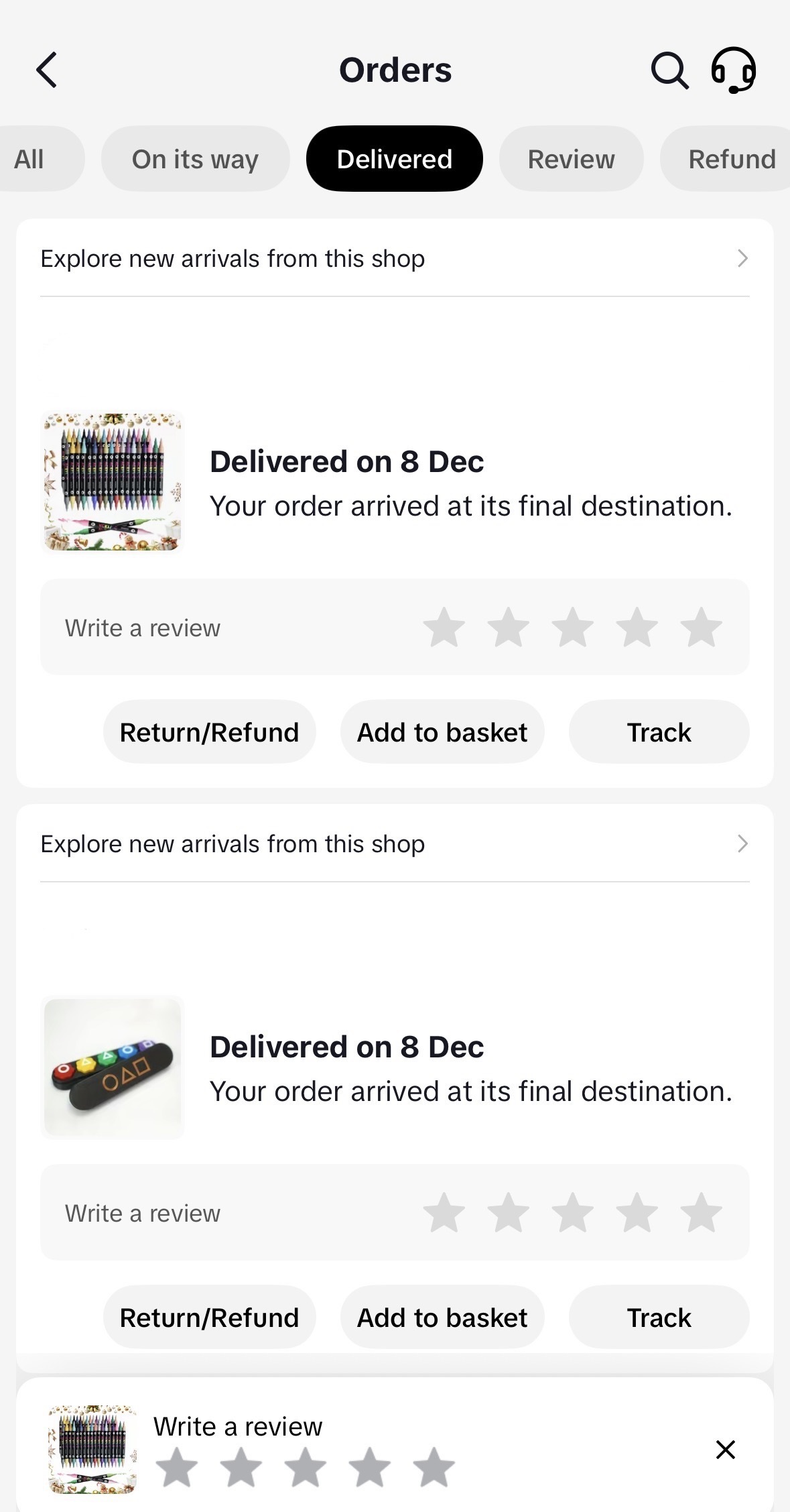 A screenshot of an order tracking page showing two items delivered on 8 Dec, with options to return, add to basket, track, and write a review.