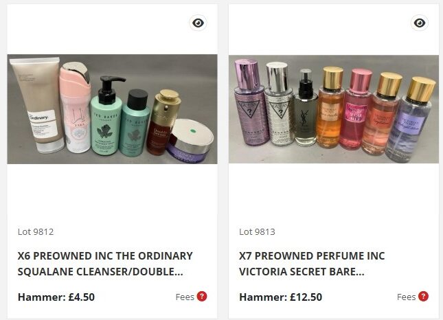 Three auction lots: a Calvin Klein perfume bottle, six assorted skincare products, and six Victoria's Secret perfumes, each with lot numbers and hammer prices listed below.