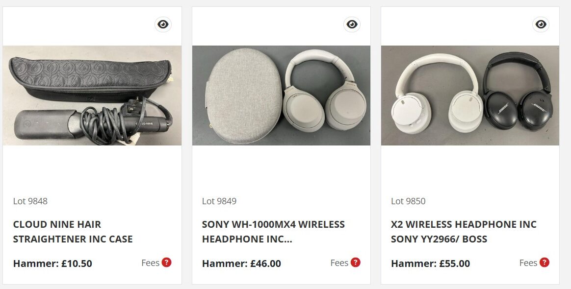 Four auction lots displayed left to right: a Dyson Supersonic hair dryer, a Cloud Nine hair straightener, Sony WH-1000XM4 headphones, and two pairs of wireless headphones.