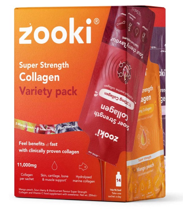 A box of Zooki Super Strength Collagen Variety Pack, featuring 14 sachets with different flavors and benefits for skin, cartilage, bone, and muscle support.