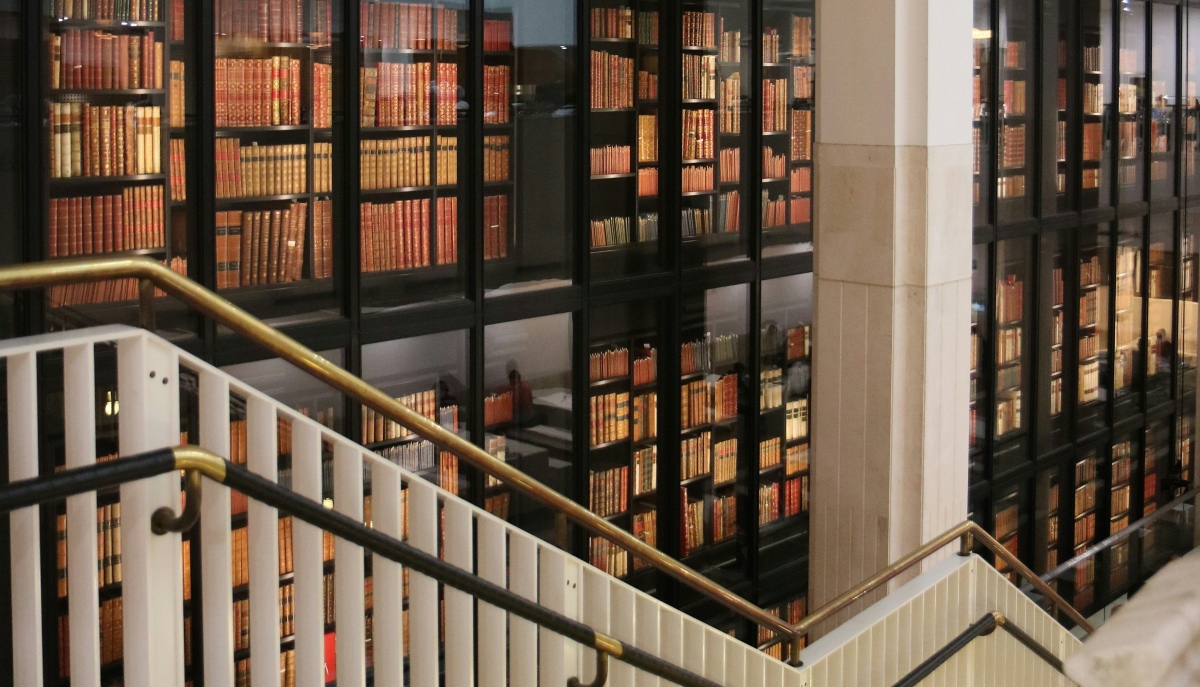 An image showing stacked bookshelves in the free British Library