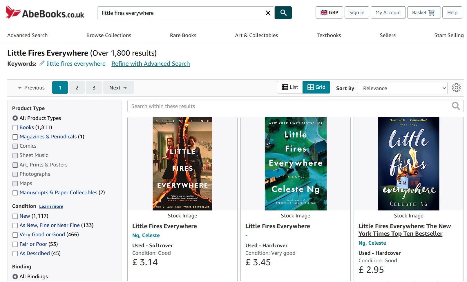 Screenshot of AbeBooks search results for "Little Fires Everywhere" showing three book listings with prices, cover images, and brief details.