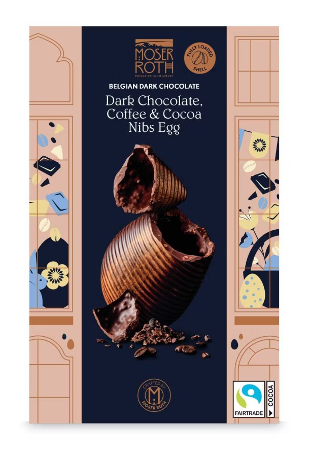 Box of Moser Roth Belgian dark chocolate egg with coffee and cocoa nibs, featuring an image of the chocolate egg on a decorated background.