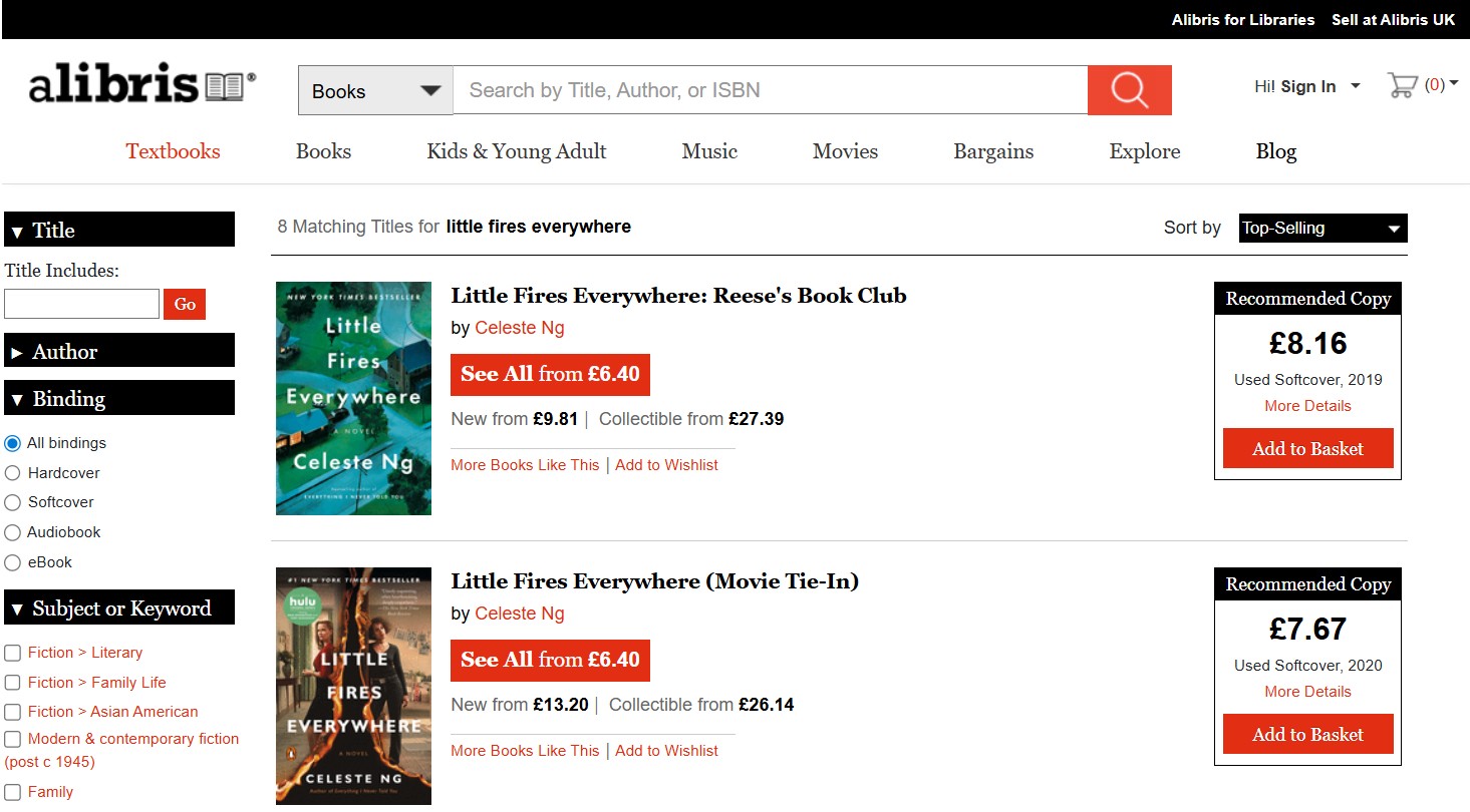 Screenshot of Alibris UK search results for "Little Fires Everywhere," showing two editions by Celeste Ng with prices, formats, and "Add to Basket" buttons.