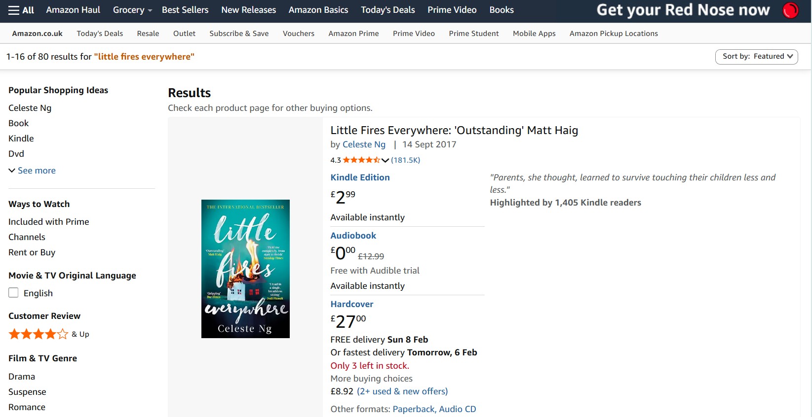 Amazon search results page for the book "Little Fires Everywhere" by Celeste Ng, showing Kindle and hardcover options, prices, and a customer review snippet.