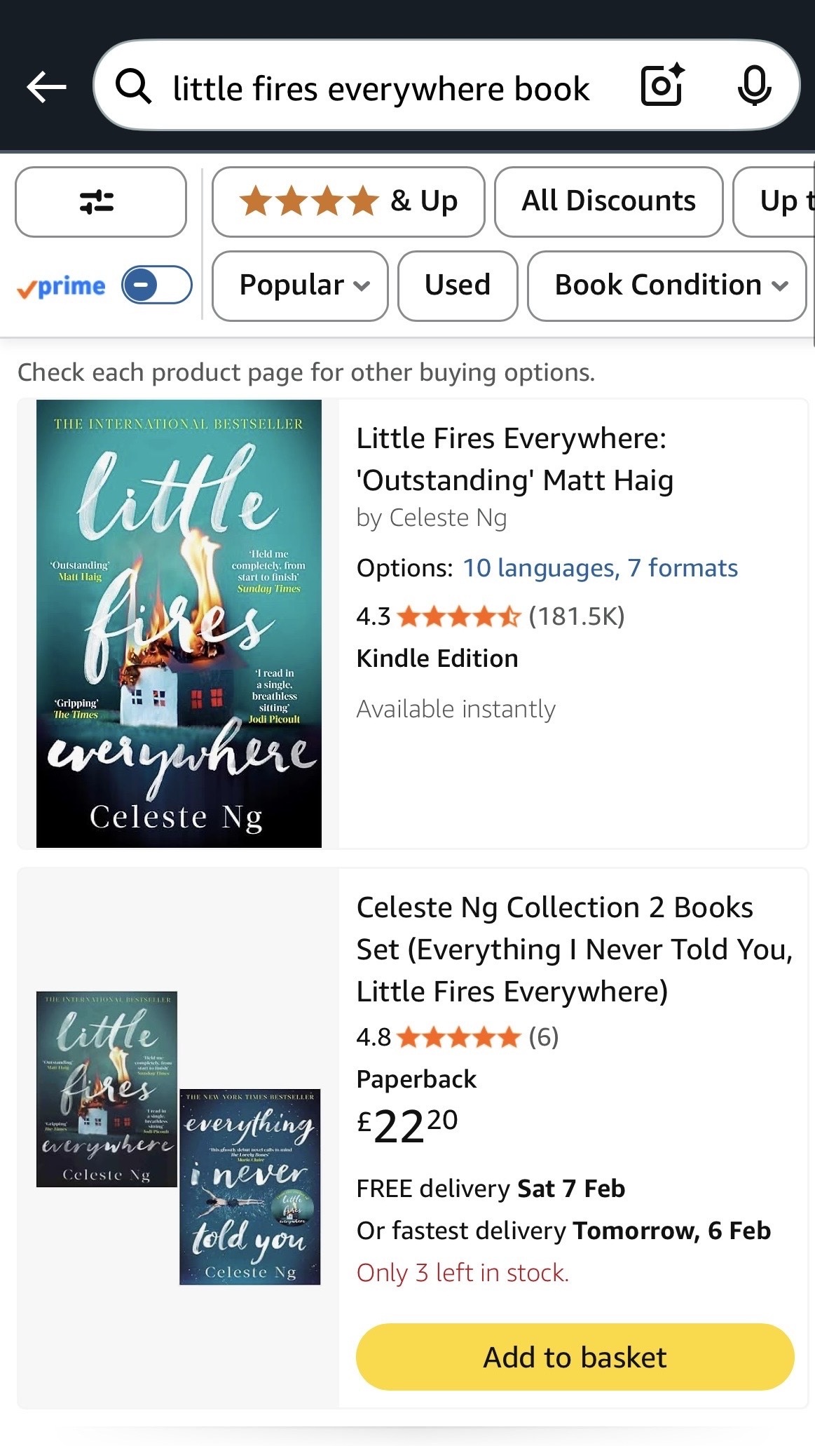 Amazon search results for "Little Fires Everywhere book," showing two book listings: the Kindle edition of "Little Fires Everywhere" and a paperback set including two Celeste Ng novels.