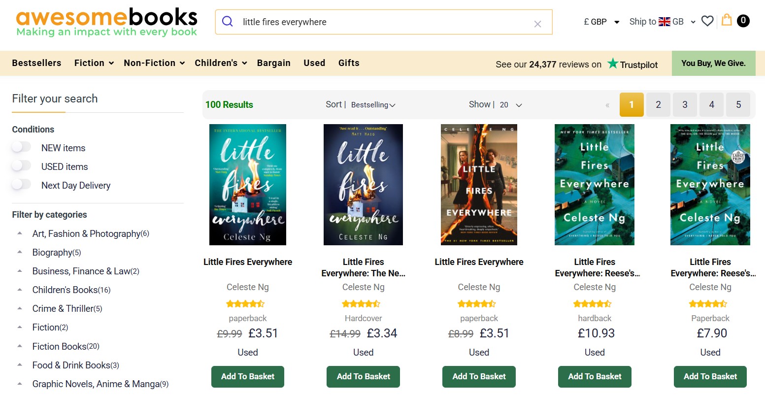 Screenshot of AwesomeBooks website search results for "Little Fires Everywhere" by Celeste Ng, showing various editions, prices, star ratings, and options to add to basket.