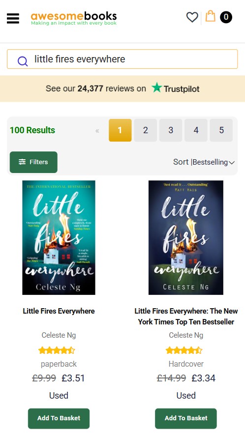Screenshot of an online bookstore search for "Little Fires Everywhere," showing two editions of the book by Celeste Ng with prices and "Add to Basket" buttons.