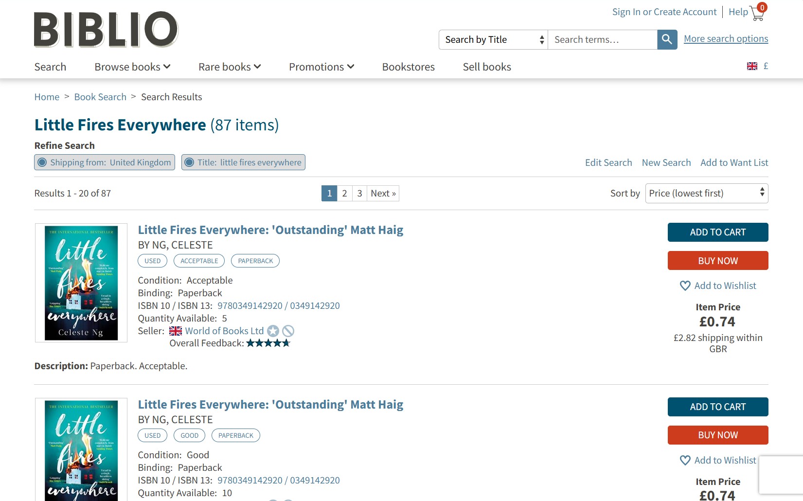 Screenshot of Biblio search results for "Little Fires Everywhere," showing two paperback listings by Celeste Ng with different conditions and prices, both with add to cart options.