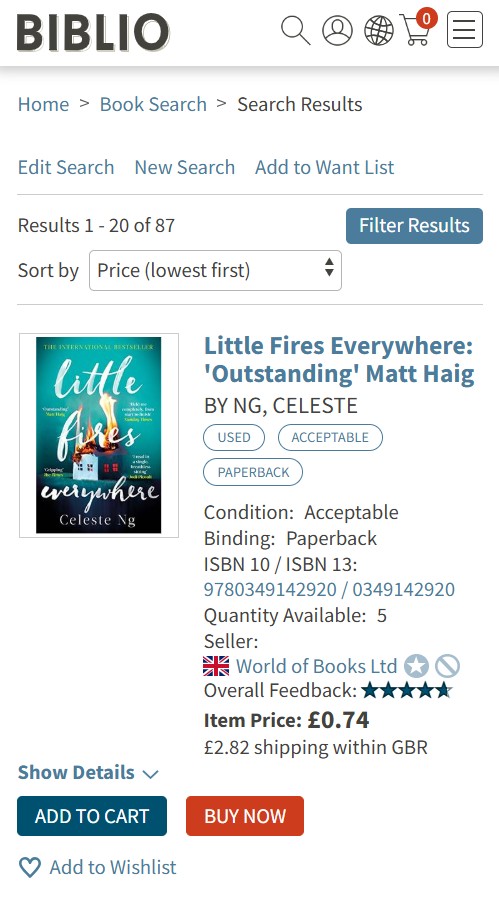 Screenshot of a Biblio.com book listing for "Little Fires Everywhere" by Celeste Ng, showing the price, condition, ISBN, and buying options.