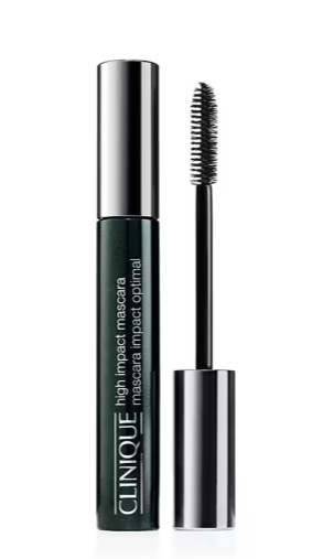 clinique mascara A tube of Clinique High Impact Mascara with the wand applicator removed and standing upright beside it, showing the product’s branding on the tube.