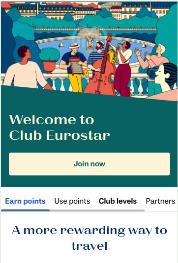 club eurostar mobile Illustration of people playing music and dancing by a river with a bridge in the background. Text reads “Welcome to Club Eurostar. Join now.” with navigation tabs below.