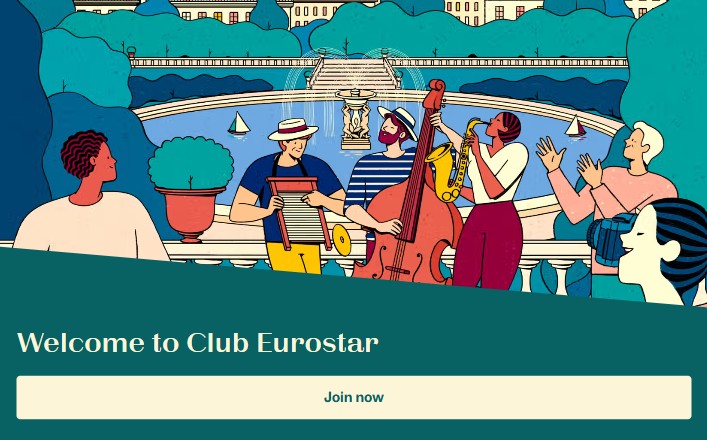club eurostar Illustration of a jazz band playing in front of a fountain, with people watching and a banner reading "Welcome to Club Eurostar" and a "Join now" button below.