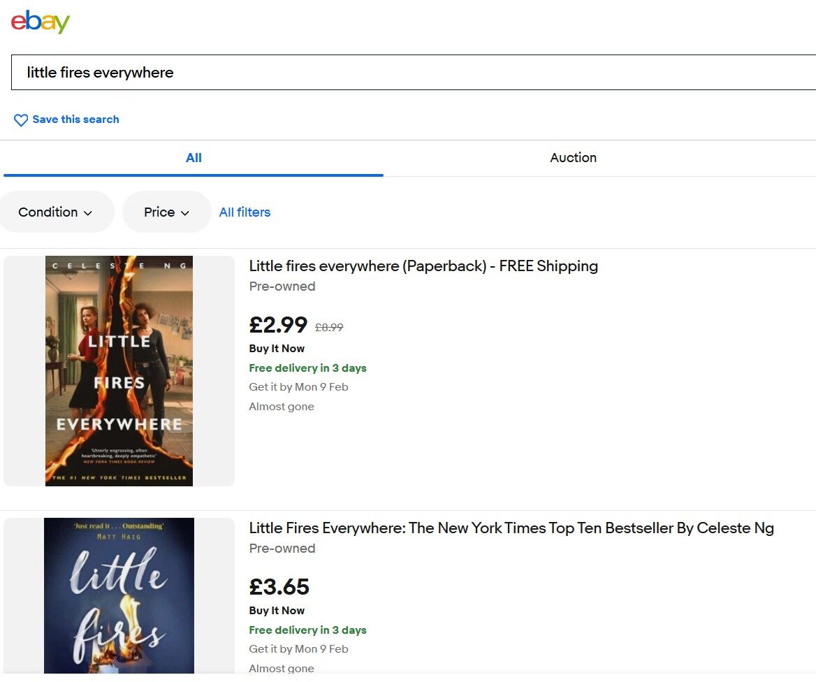 EBay search results for "Little Fires Everywhere" show two listings: a paperback for £2.99 with free shipping and a hardcover for £3.65 with free delivery in 3 days.