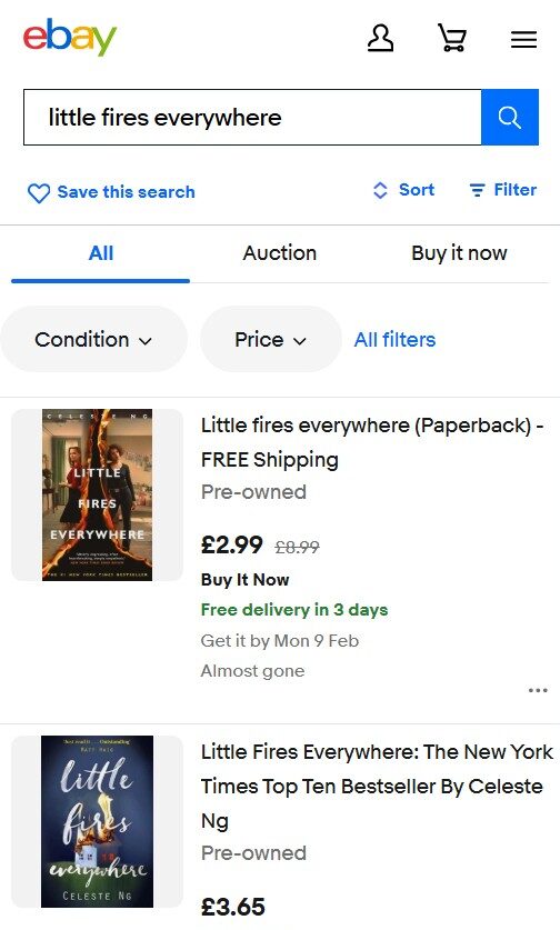 Screenshot of eBay search results for "little fires everywhere," showing listings for paperback and hardcover editions of the book with prices and delivery information.