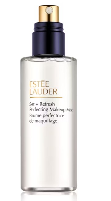 Clear bottle of Estée Lauder Set + Refresh Perfecting Makeup Mist with a black and gold spray nozzle and product label on the front.