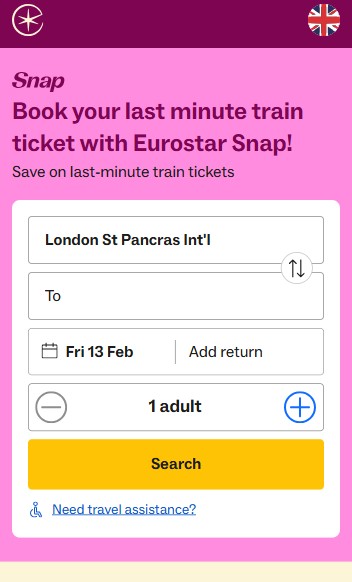 eurostar-snap-mobile Eurostar Snap booking page showing options to select departure station, travel date, return, number of adults, and a yellow Search button.