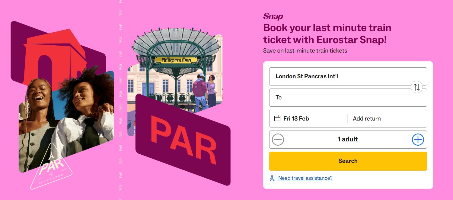 eurostar-snap-website Eurostar Snap booking page showing two smiling people, a train station, and a search form for last-minute train tickets from London St Pancras.