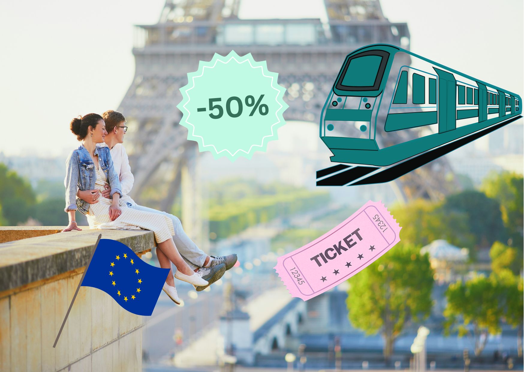 Two people sit near the Eiffel Tower with illustrations of a train, a -50% discount, a ticket, and an EU flag overlaid—hinting at cheap Eurostar tickets or exclusive Eurostar Snap deals for your next European adventure.