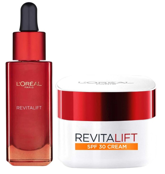 loreal duo A L'Oréal Paris Revitalift serum bottle with a dropper and a Revitalift SPF 30 cream jar, both with red and white packaging.
