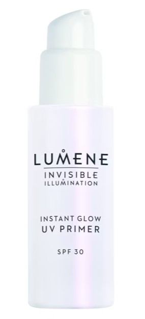 lumene primer A white pump bottle labeled "Lumene Invisible Illumination Instant Glow UV Primer SPF 30.