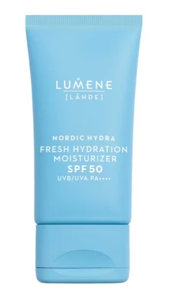 A blue tube of Lumene Nordic Hydra Fresh Hydration Moisturizer SPF 50, with white text on the packaging.