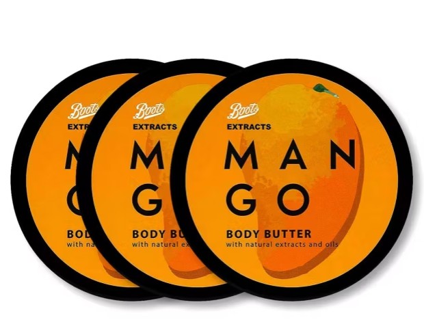 mango body butter Three circular containers of Boots Extracts Mango Body Butter are displayed, featuring an orange mango design and black text on the lids.