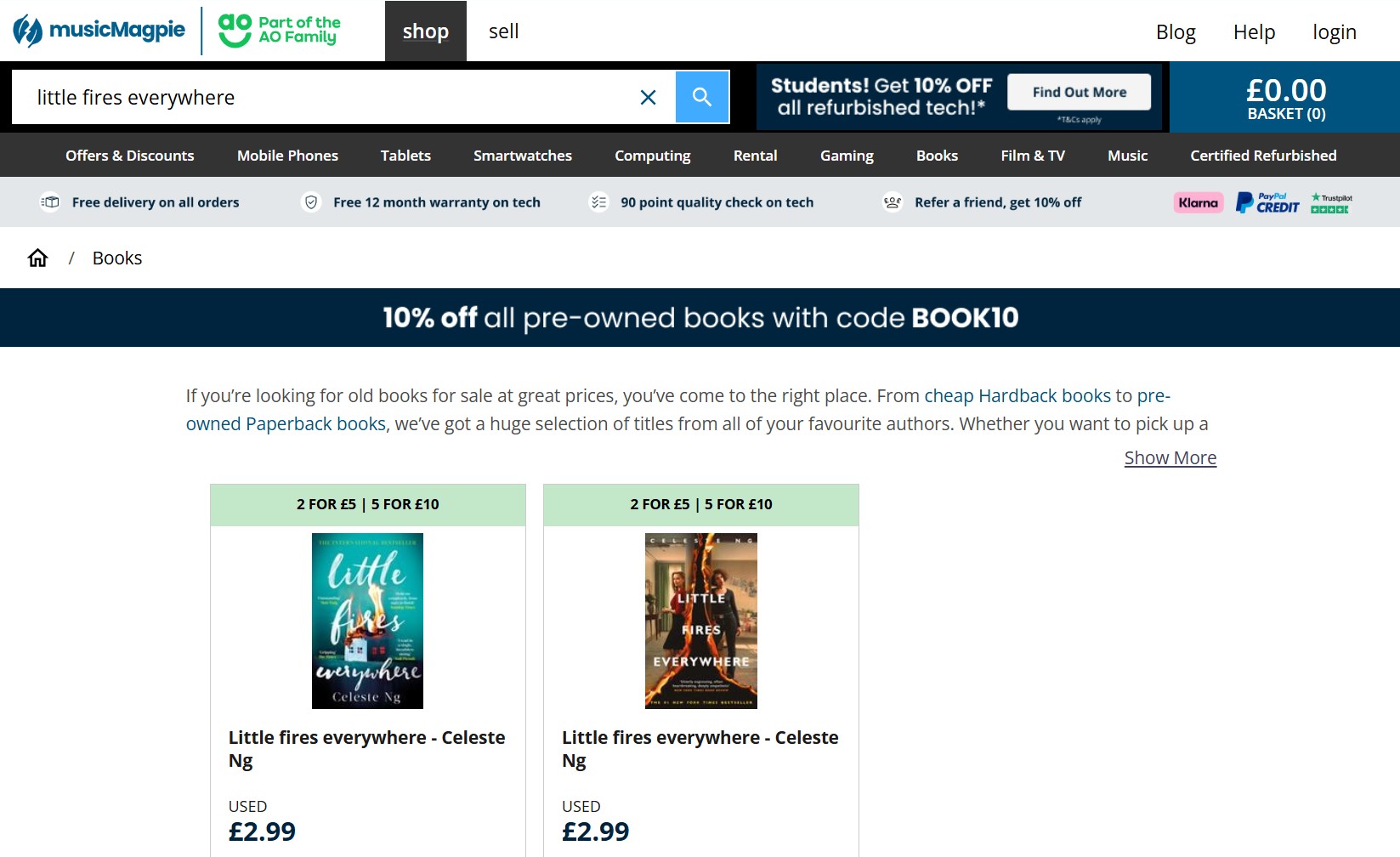 Screenshot of musicMagpie's website showing two listings of "Little Fires Everywhere" by Celeste Ng, used copies priced at £2.99 each, with a 2 for £10 offer and a 10% off code for pre-owned books.