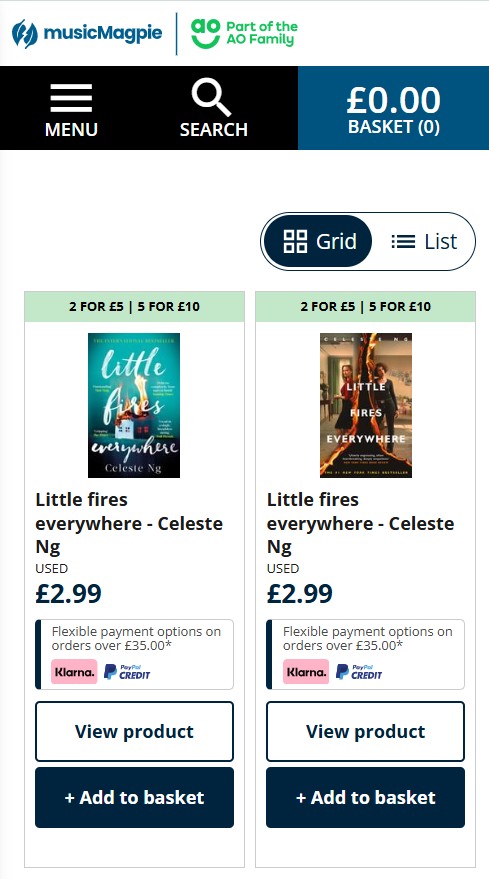 Two listings for the book "Little Fires Everywhere" by Celeste Ng, used, priced at £2.99 each, on musicMagpie's website with options to view or add to basket.