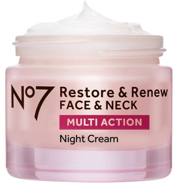 no7 night cream A jar of No7 Restore & Renew Face & Neck Multi Action Night Cream with the lid off, showing the cream inside.