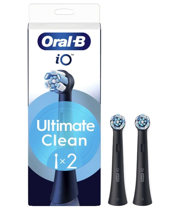 Oral-B iO Ultimate Clean replacement brush heads packaging with two black brush heads displayed in front.
