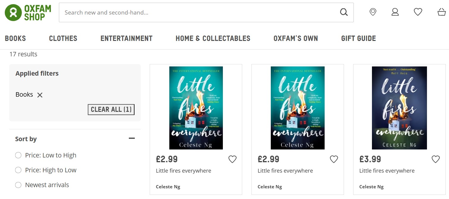 Screenshot of Oxfam Shop’s online listing for "Little Fires Everywhere" by Celeste Ng, priced at £2.99, with three copies shown under the Books category.