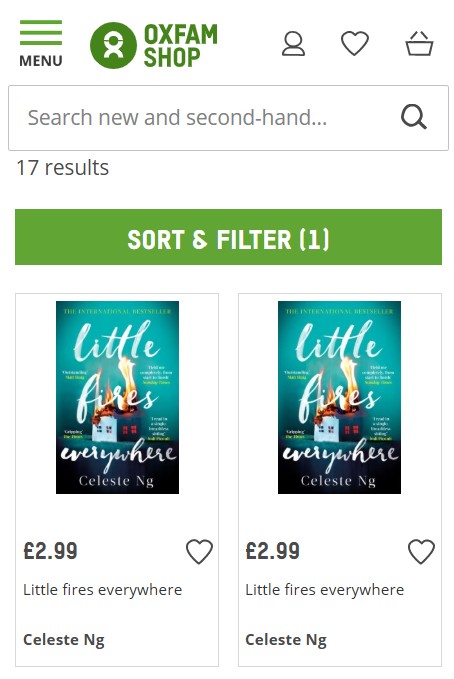 Screenshot of Oxfam Shop website showing two listings for "Little Fires Everywhere" by Celeste Ng, both priced at £2.99.
