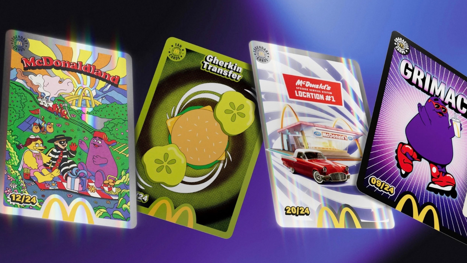 Four collectible McDonald’s cards featuring colorful designs: McDonaldland characters, a burger, a vintage restaurant, and Grimace, all numbered out of 24. Perfect for fans and collectors of unique McDonald’s cards.
