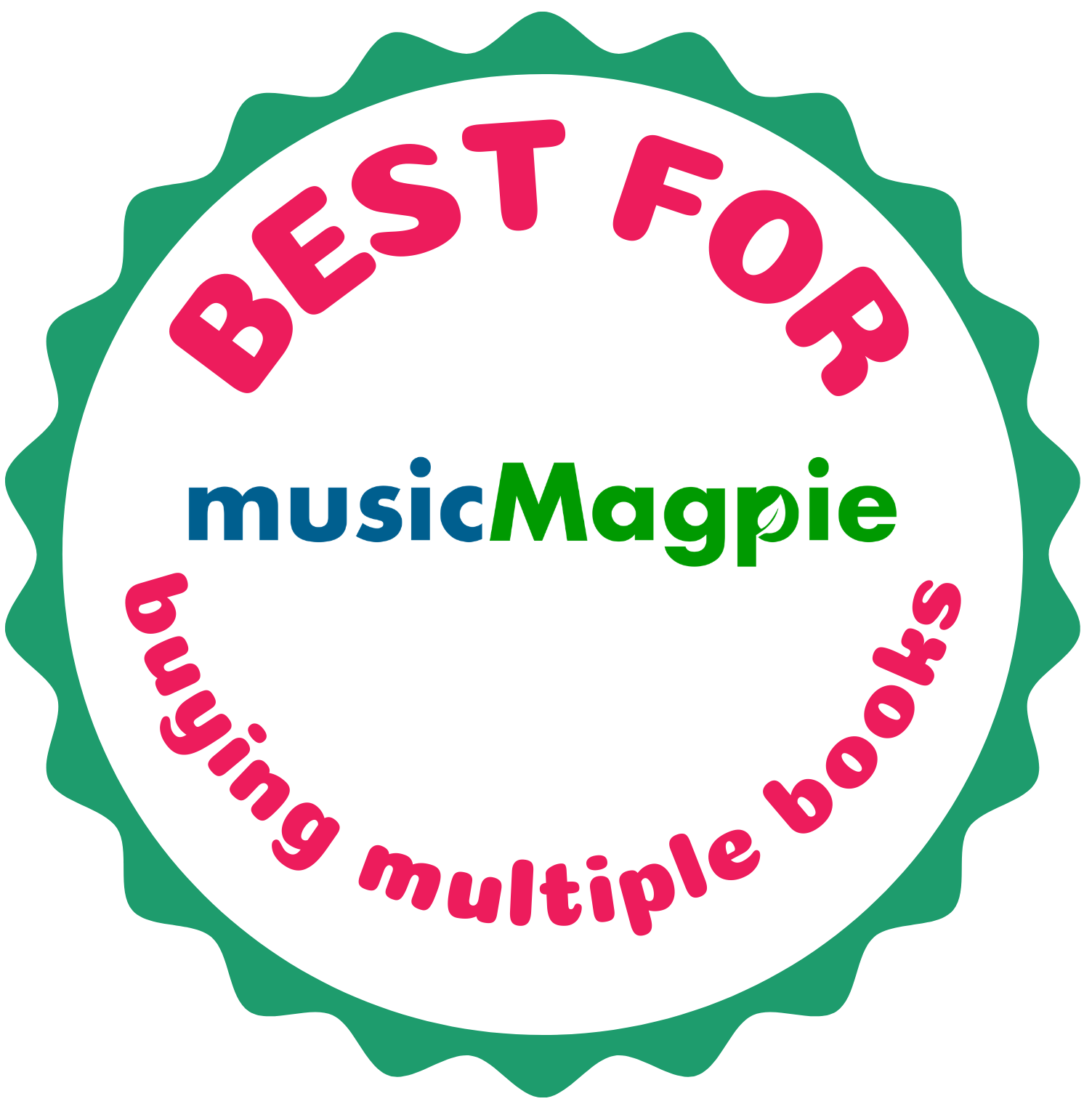 A badge with green scalloped edges and text: "BEST FOR buying multiple books" with the musicMagpie logo in the center.
