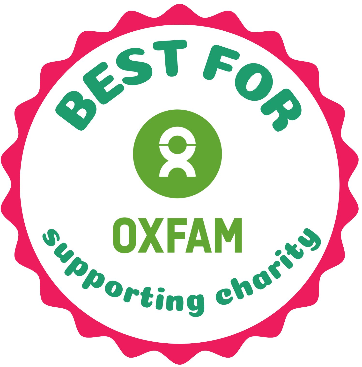 A circular badge with a pink scalloped edge reads "Best for supporting charity Oxfam" with the Oxfam logo in the center.