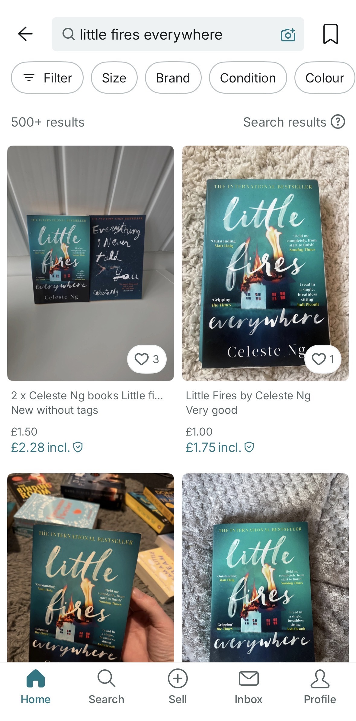 Screenshot of a shopping app showing listings for the book "Little Fires Everywhere" by Celeste Ng, with images of the book's cover and pricing details.
