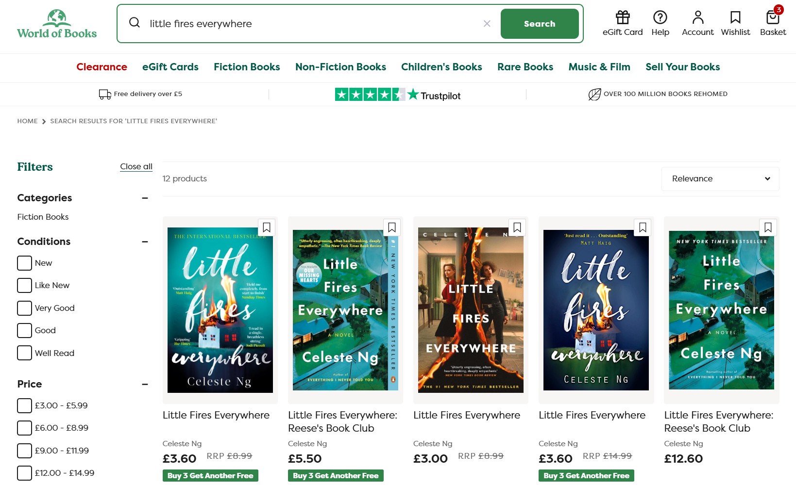 Screenshot of the World of Books website showing search results for "Little Fires Everywhere" by Celeste Ng, displaying multiple editions with prices and condition filters on the left.