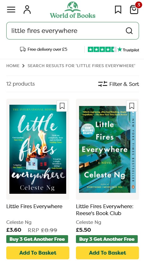 Screenshot of World of Books search results for "Little Fires Everywhere" by Celeste Ng, showing two editions with options to buy and a "Buy 3 Get Another Free" offer.