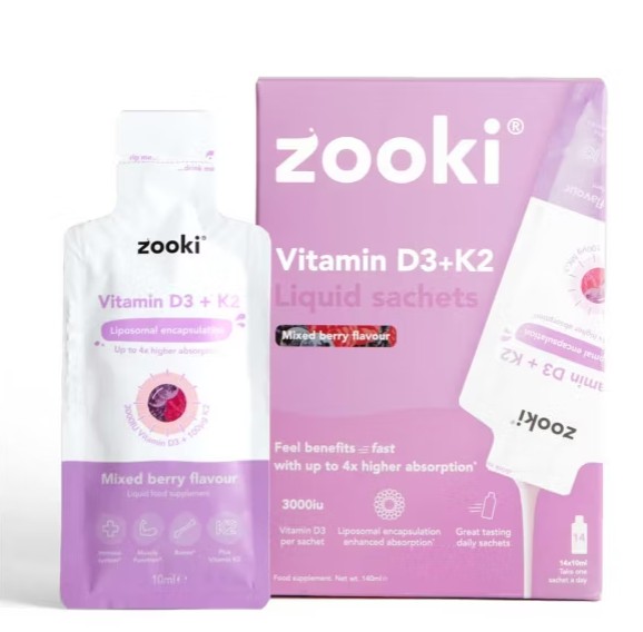 zooki sachet Zooki Vitamin D3 + K2 liquid sachets in mixed berry flavor, with product packaging featuring key benefits and dosage information.