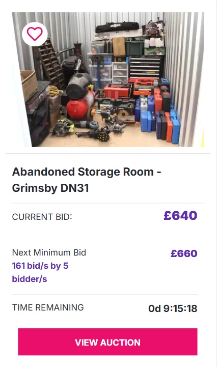 Grimsby storage room mobile A mobile screenshot of an expensive online storage auction in Grimsby
