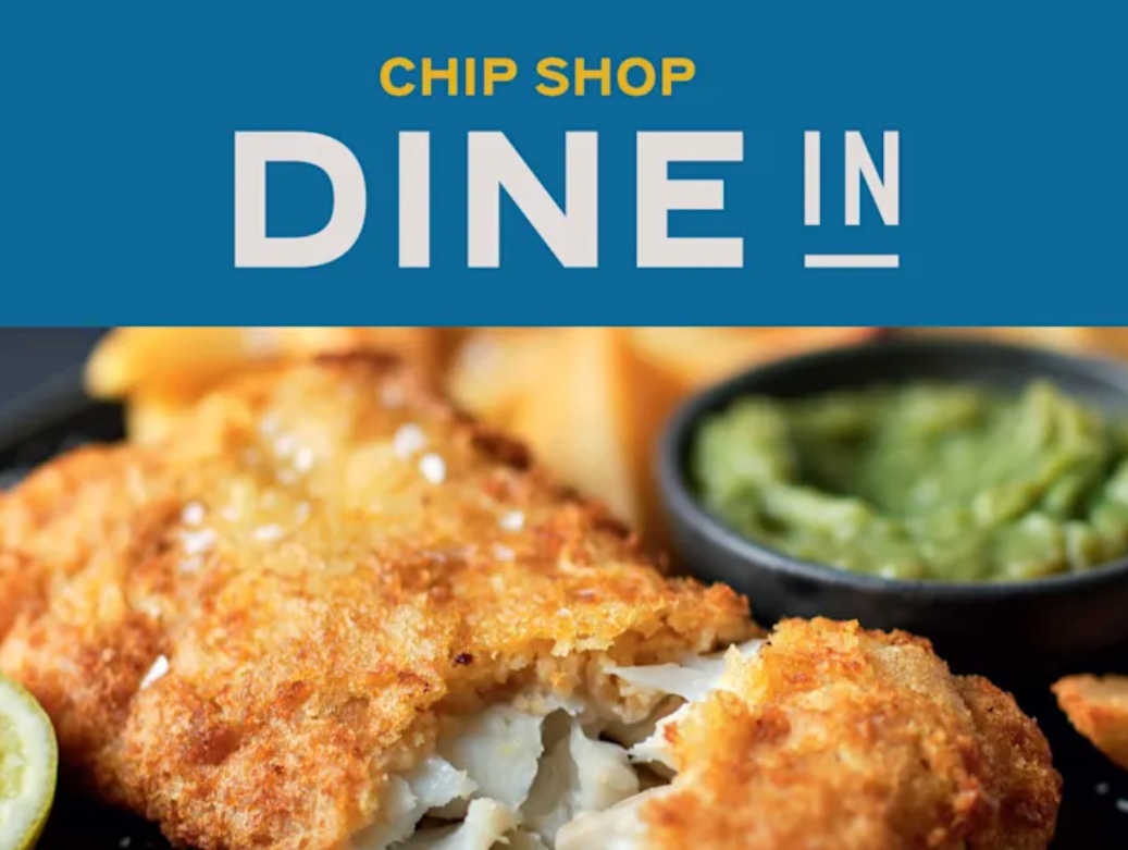 A picture showing cod, chips, and mushy peas available in the M&S chip shop dine in for 2 meal deal