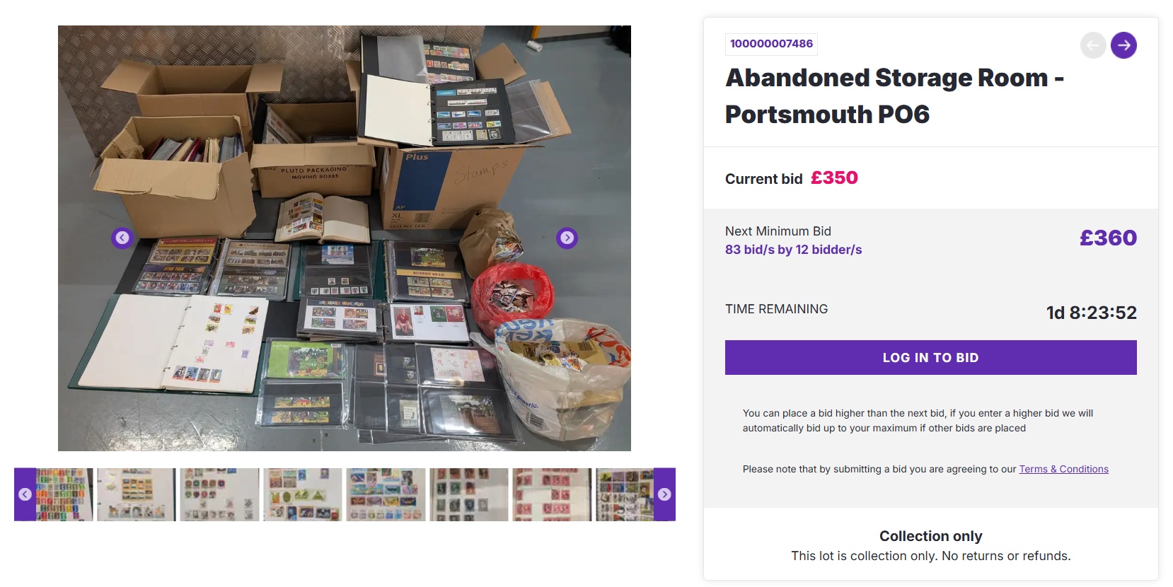 Stamp storage locker auction Several open boxes and books of a stamp collection in a storage auction UK