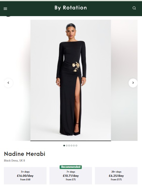 by rotation desktop A model wears a long-sleeved black dress with a thigh-high slit and gold floral applique, standing against a plain white background.