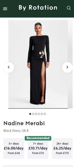 by rotation mobile A woman models a long black dress with a high slit and floral embellishment at the waist, displayed on a clothing rental website for Nadine Merabi, UK size 8.