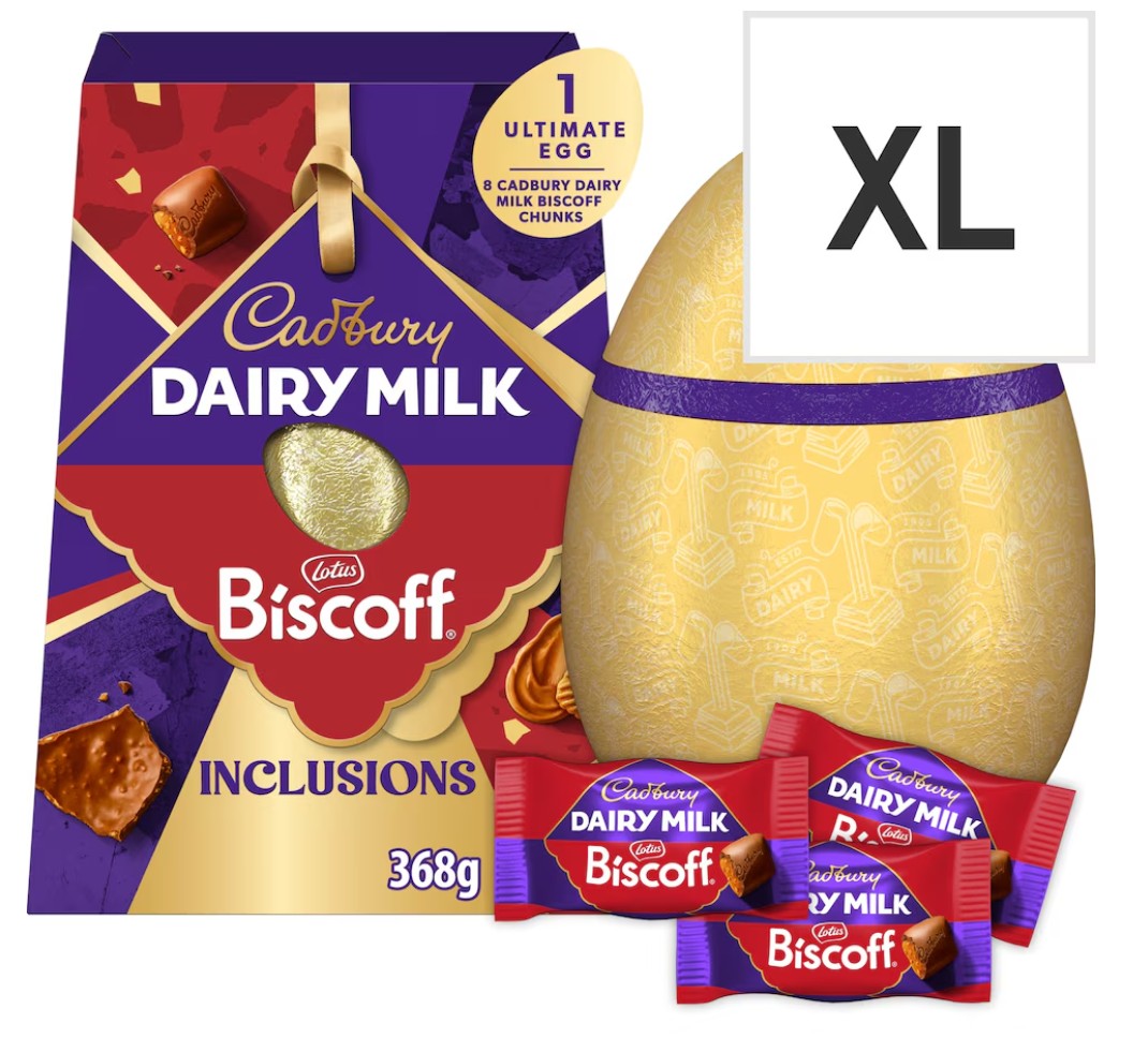 Cadbury Dairy Milk Biscoff Inclusions XL Easter egg set, featuring a large chocolate egg and two chocolate bars, 368g total.