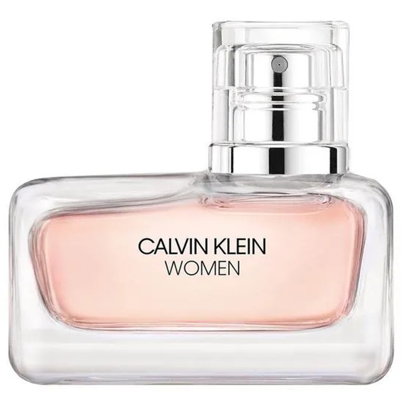 A clear rectangular perfume bottle labeled "Calvin Klein Women" with a pinkish liquid inside and a transparent cap.