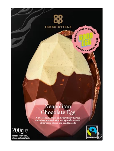 A boxed Neapolitan chocolate egg with white, pink, and brown layers, labeled as Fairtrade and weighing 200g, by Co-op Irresistible.