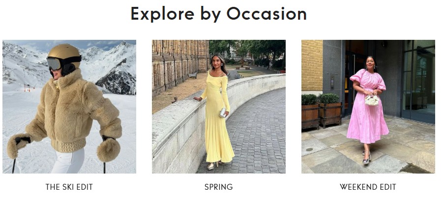 dress rental by rotation home page Three women showcase outfits for different occasions: skiing in winter wear, a yellow dress for spring, and a pink dress for a weekend outing.
