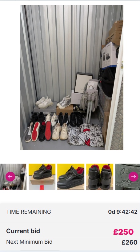 eKonnect auction mobile image A mobile image of a storage locker auction with many pairs of trainers being sold